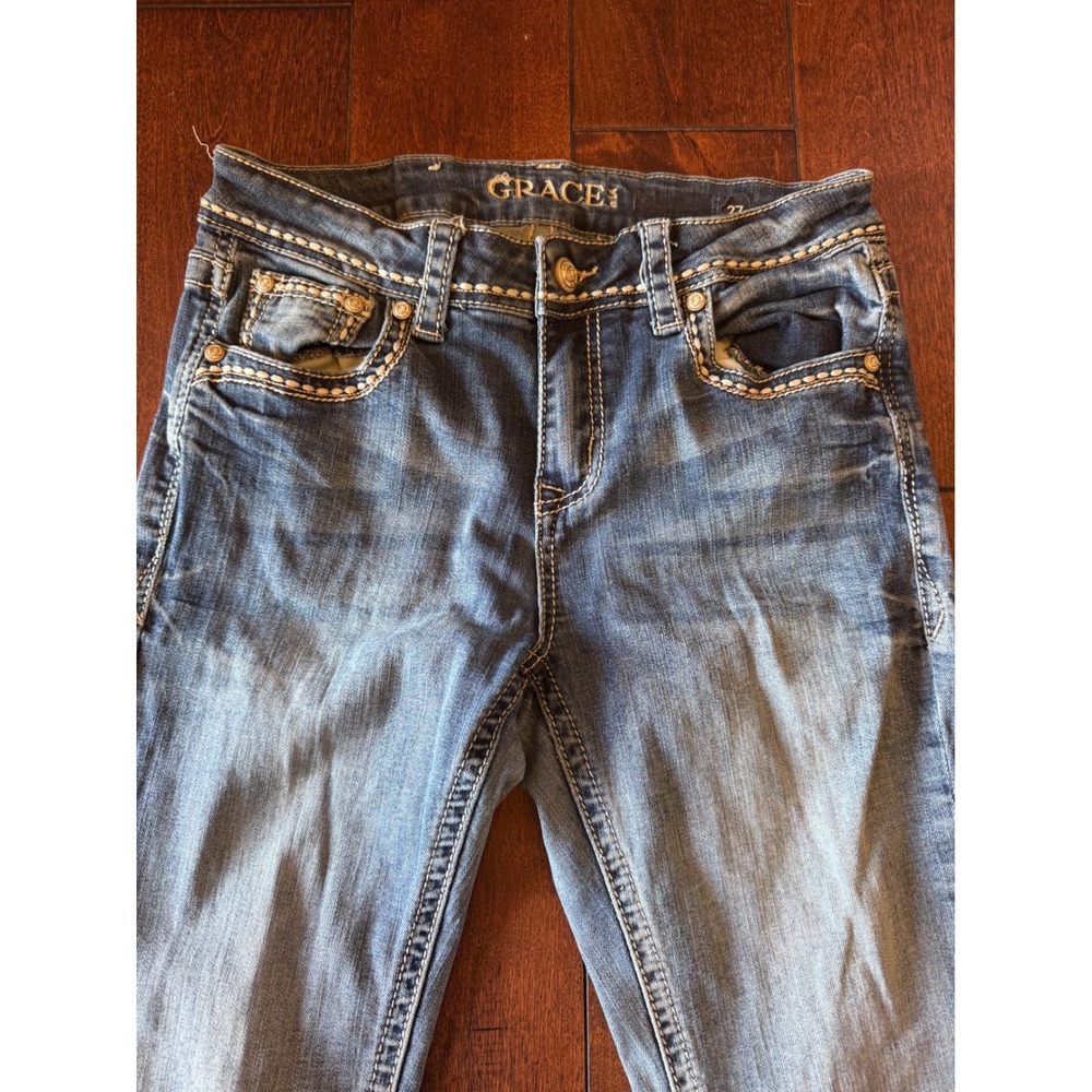 Grace in LA Women 27 Flare Jeans Medium Wash Embellished Raw Hem Western Rodeo - Picture 3 of 8